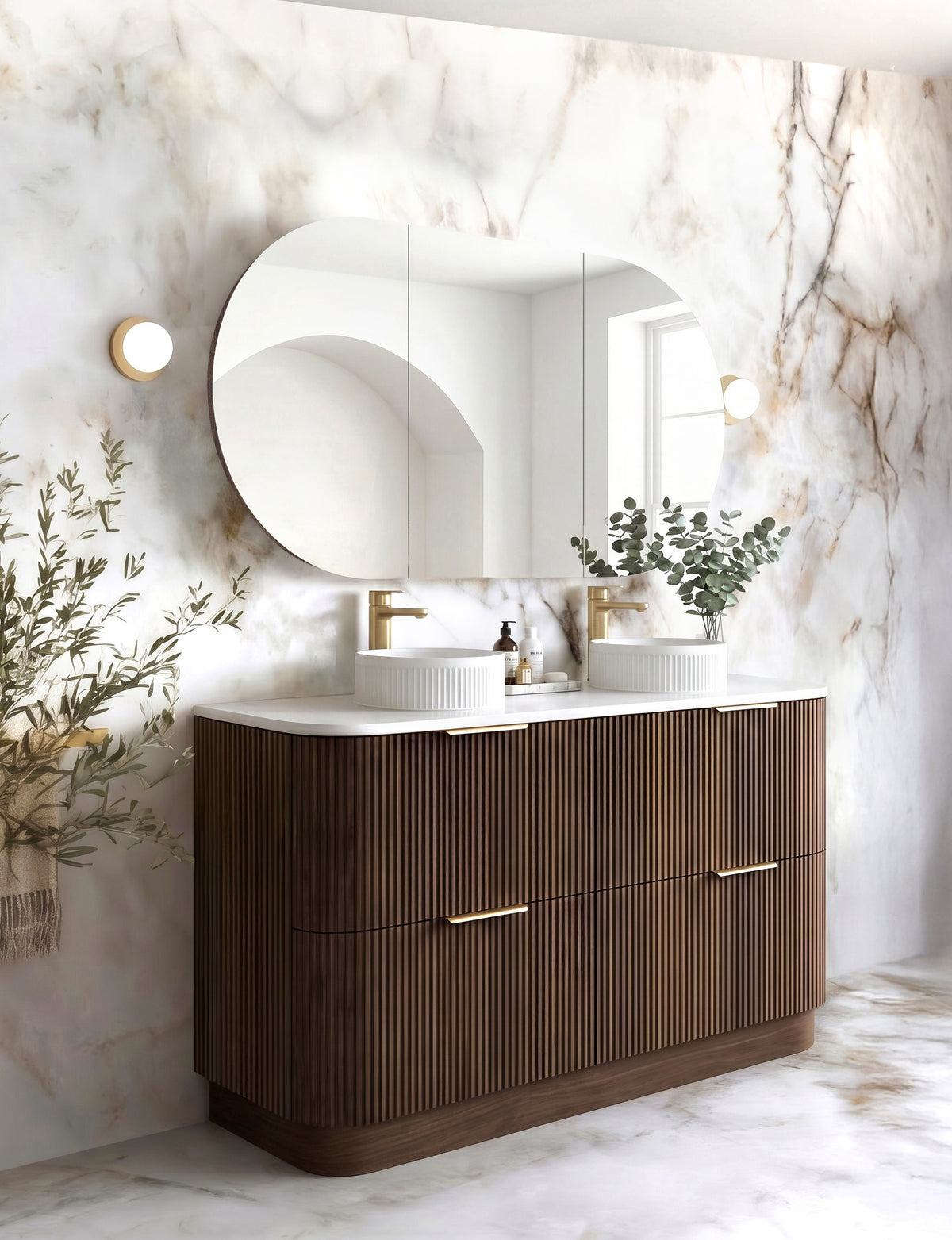 Havana Fluted 1500mm Sable Walnut Floorstanding Curve Vanity
