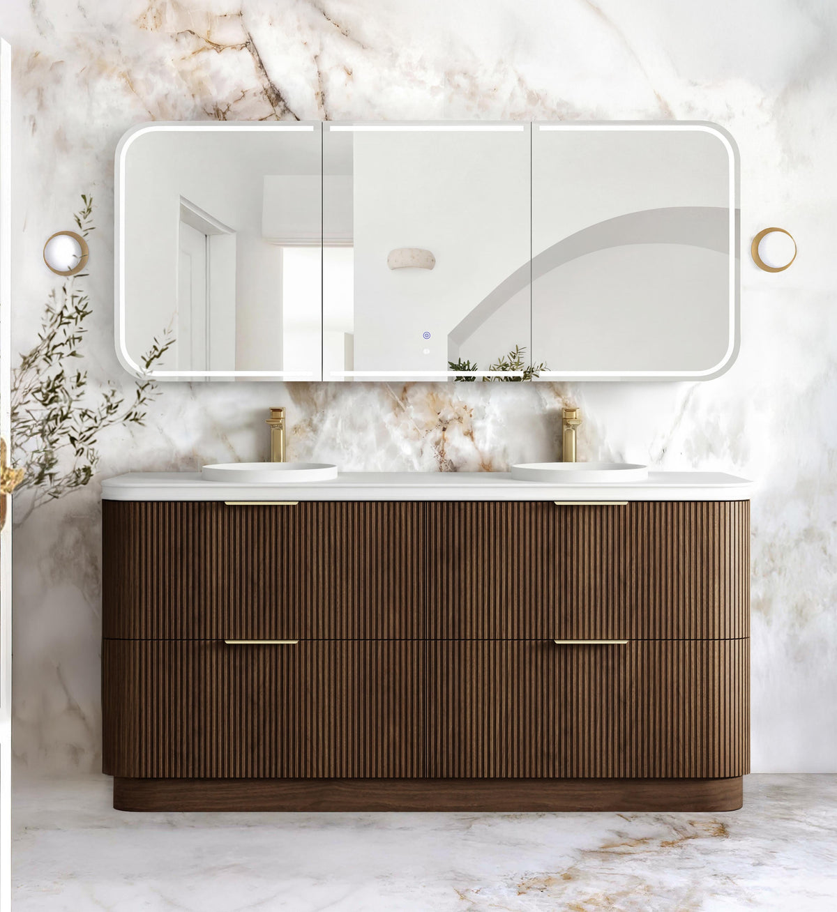 Havana Fluted 1800mm Sable Walnut Floorstanding Curve Vanity - Cabinet Only