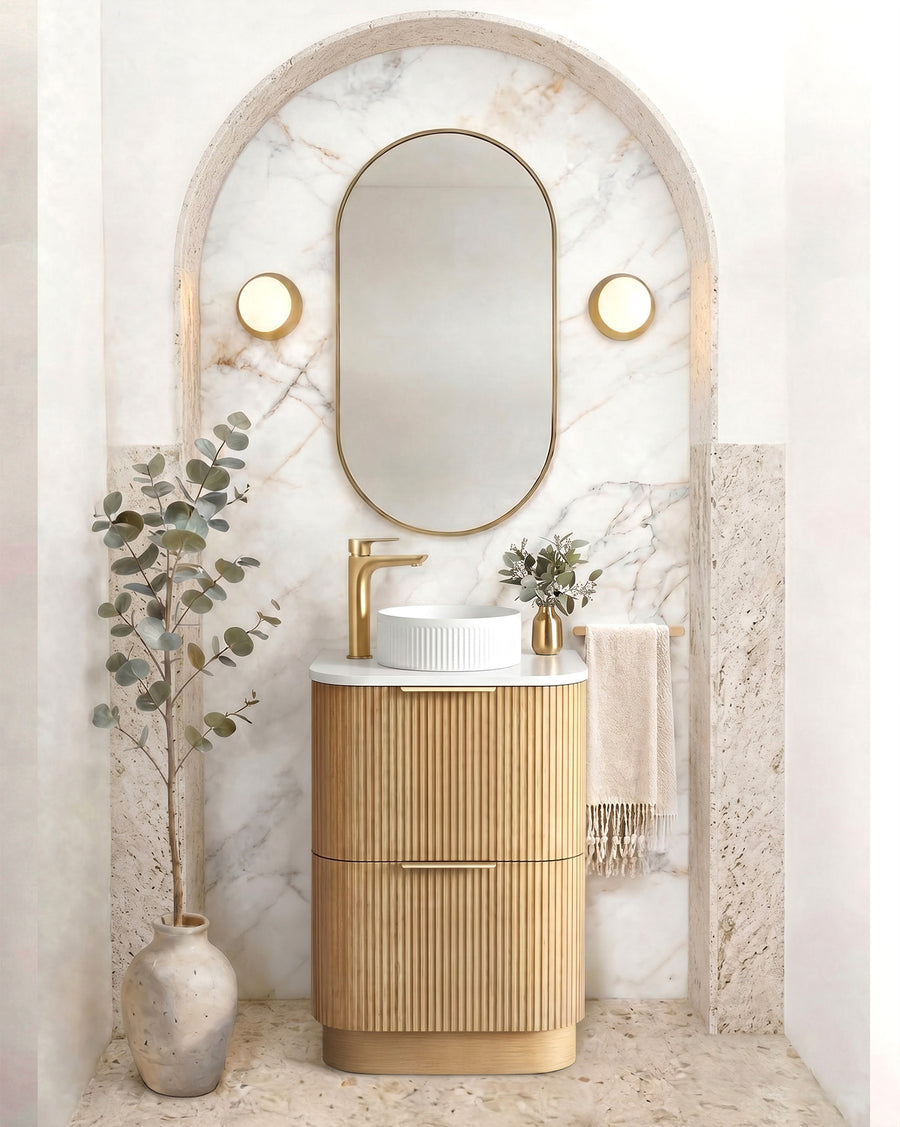 Havana Fluted 600mm Woodland Oak Floorstanding Curve Vanity - Cabinet Only