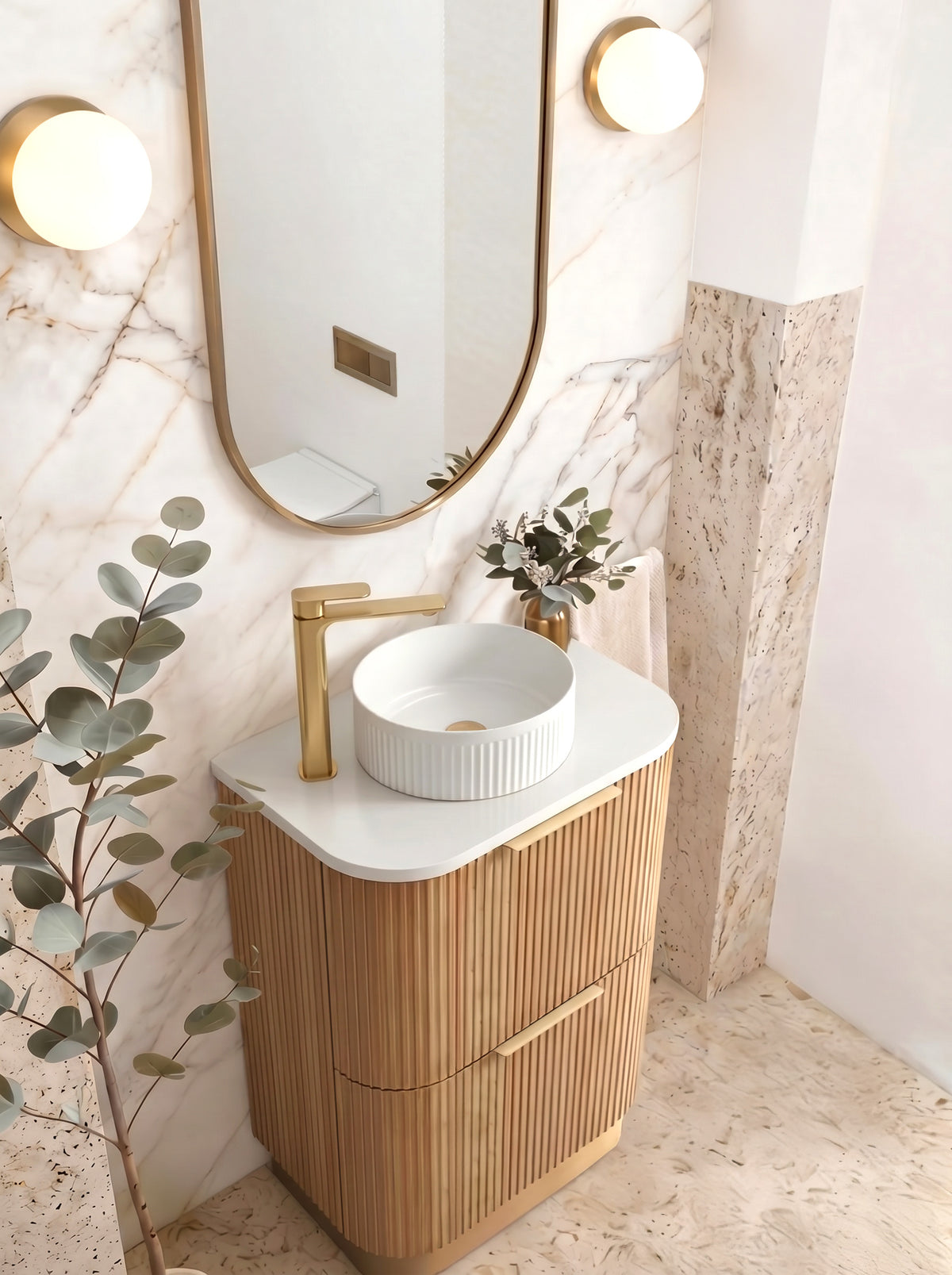 Havana Fluted 600mm Woodland Oak Floorstanding Curve Vanity