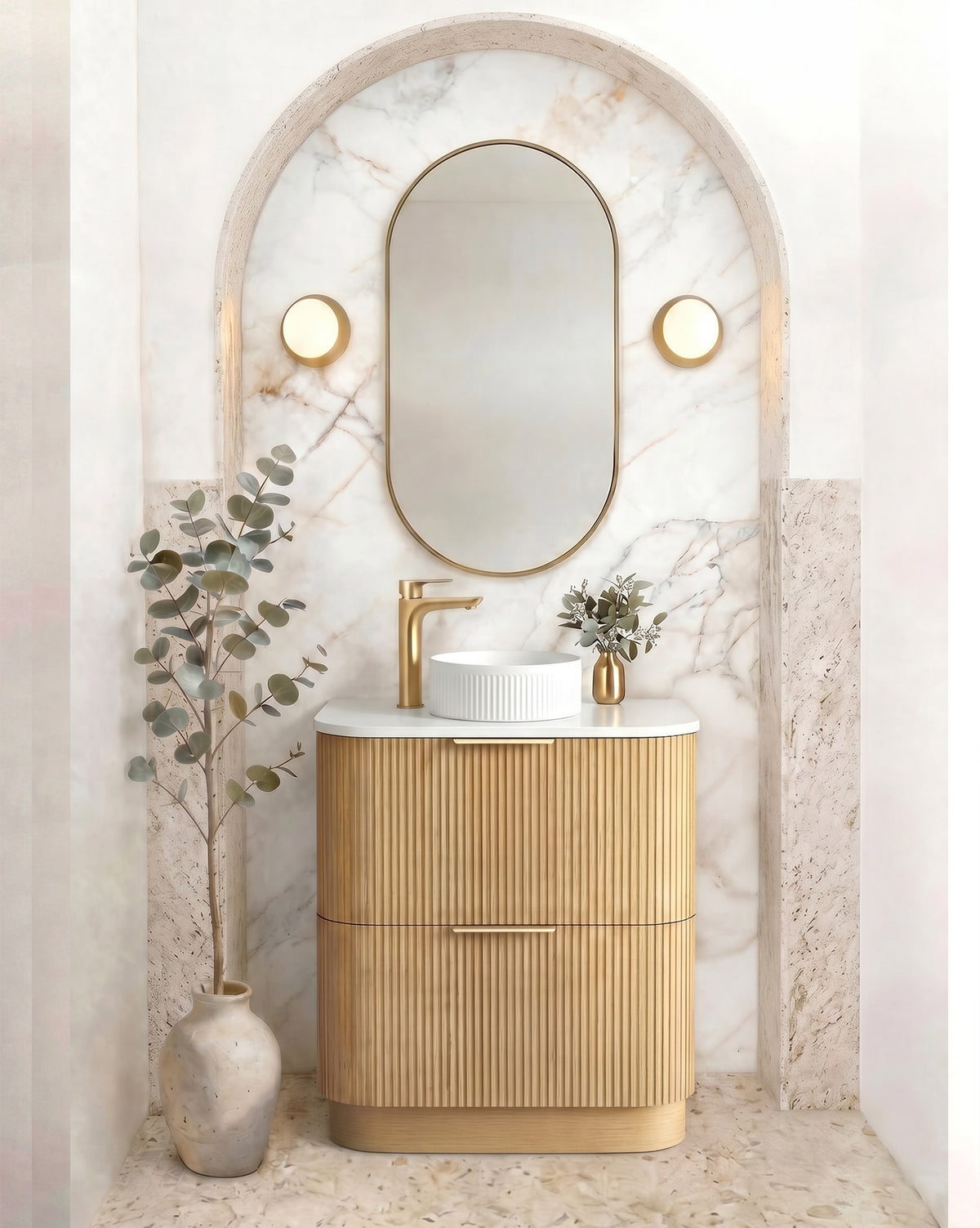 Havana Fluted 750mm Woodland Oak Floorstanding Curve Vanity - Cabinet Only