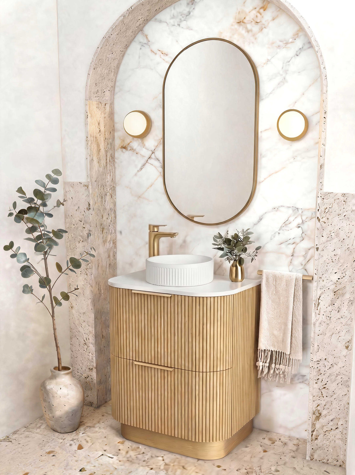Havana Fluted 750mm Woodland Oak Floorstanding Curve Vanity