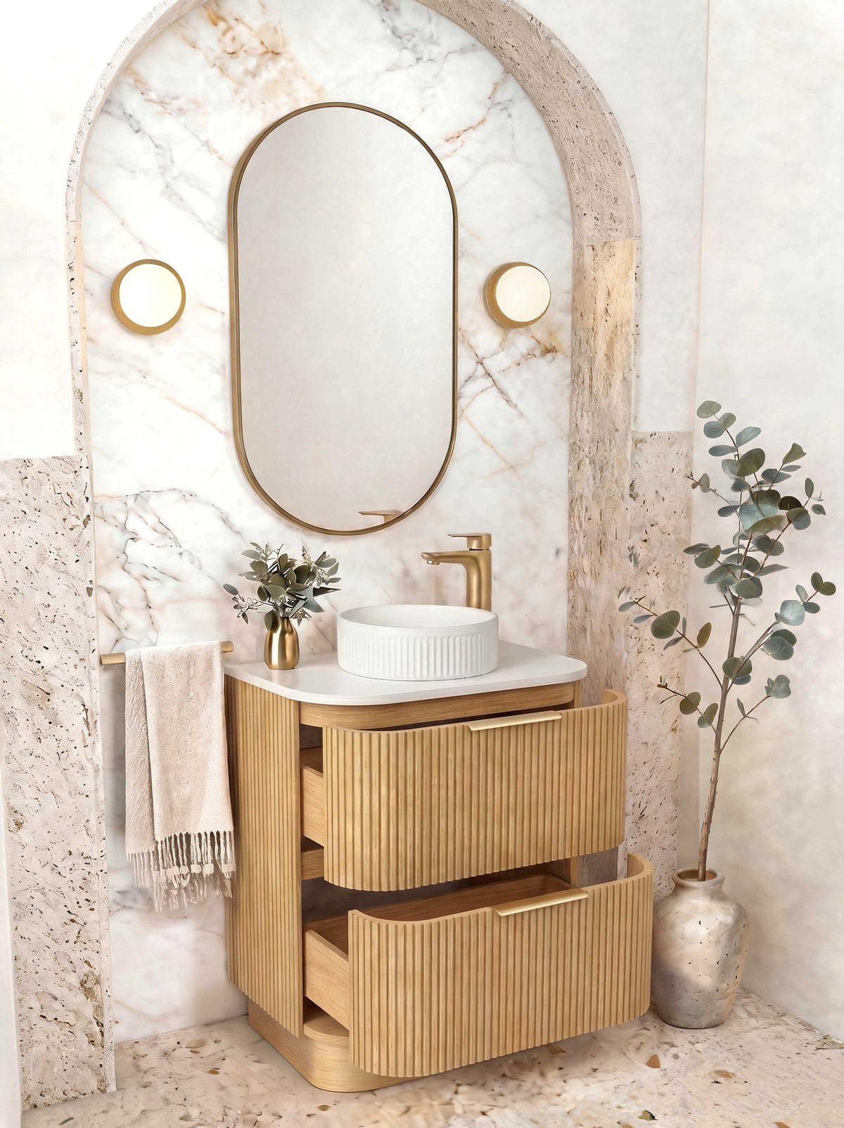 Havana Fluted 750mm Woodland Oak Floorstanding Curve Vanity