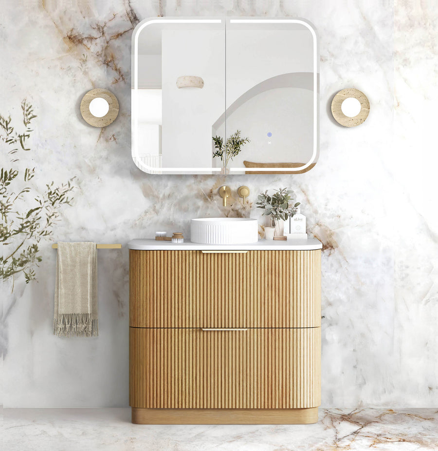 Havana Fluted 900mm Woodland Oak Floorstanding Curve Vanity - Cabinet Only