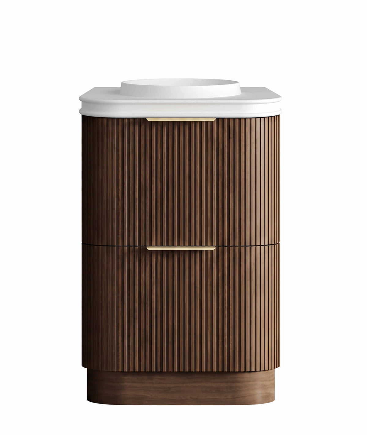 Havana Fluted 600mm Sable Walnut Floorstanding Curve Vanity, 50mm English Edge (Round Basin)