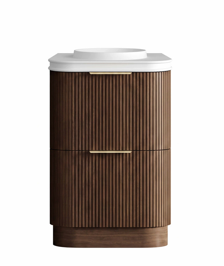 Havana Fluted 600mm Sable Walnut Floorstanding Curve Vanity, 50mm English Edge (Round Basin)