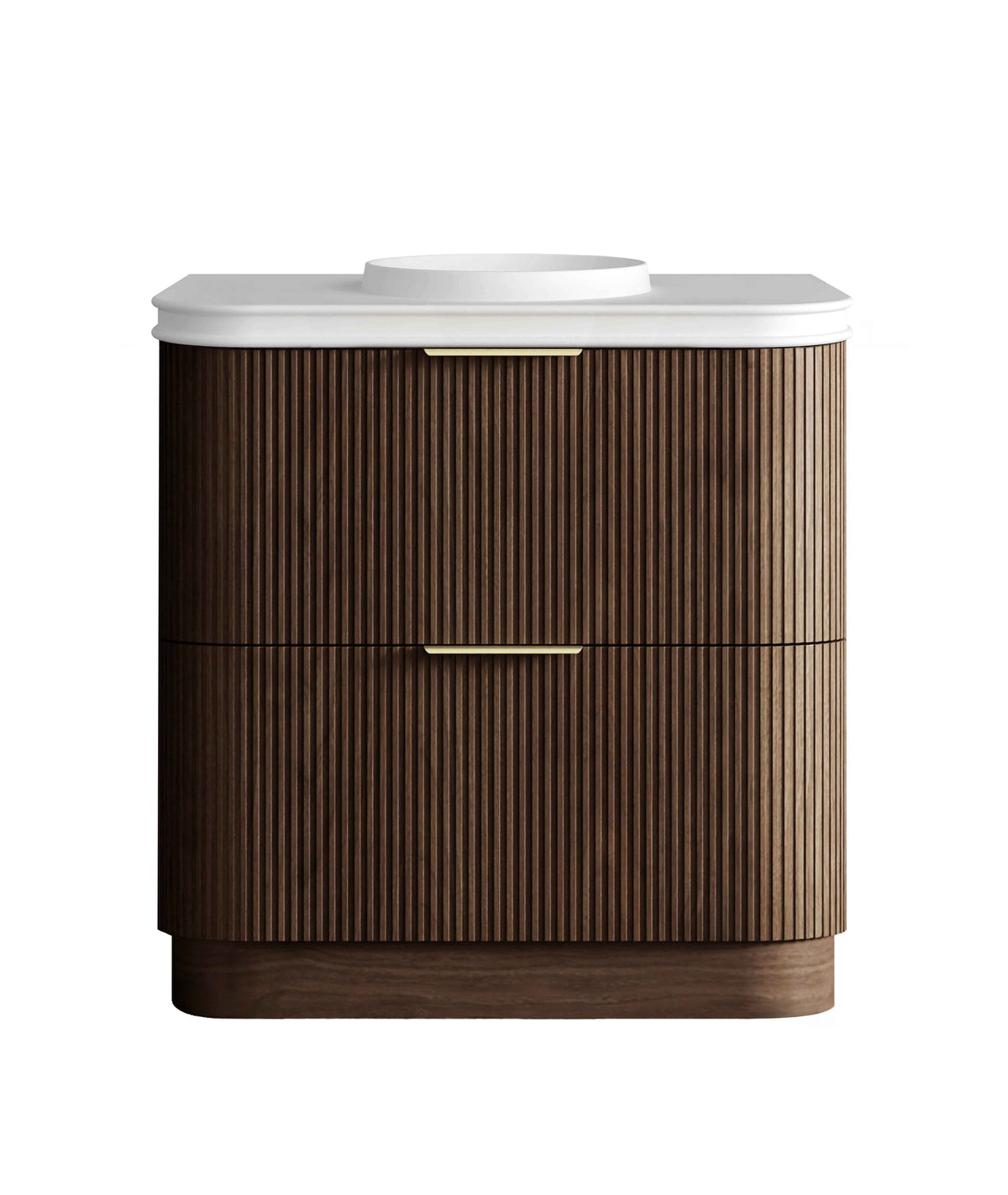 Havana Fluted 900mm Sable Walnut Floorstanding Curve Vanity, 50mm English Edge (Round Basin)