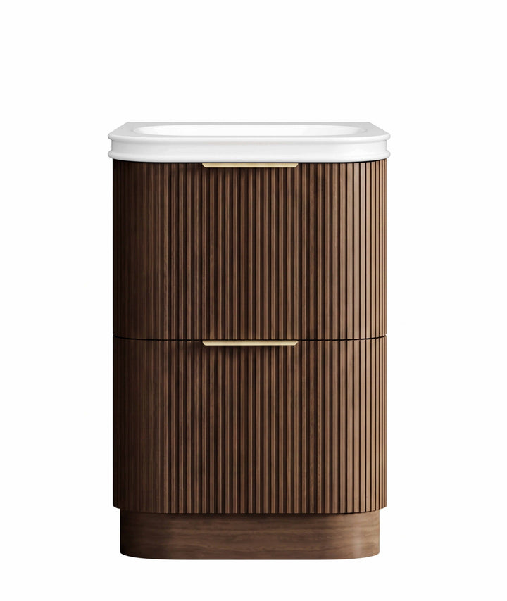 Havana Fluted 600mm Sable Walnut Floorstanding Curve Vanity, 50mm English Edge (Soft Square)