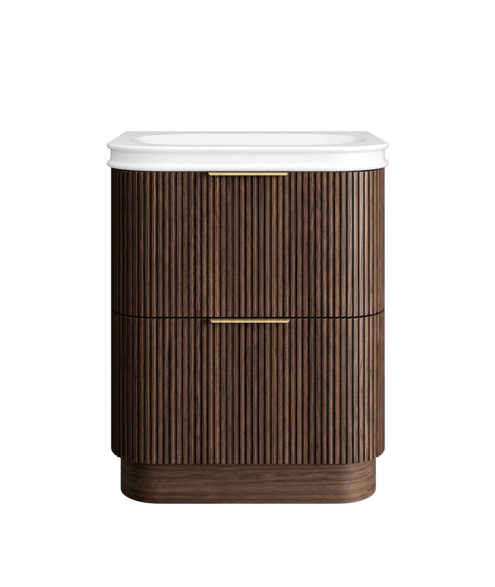 Havana Fluted 750mm Sable Walnut Floorstanding Curve Vanity, 50mm English Edge (Soft Square)