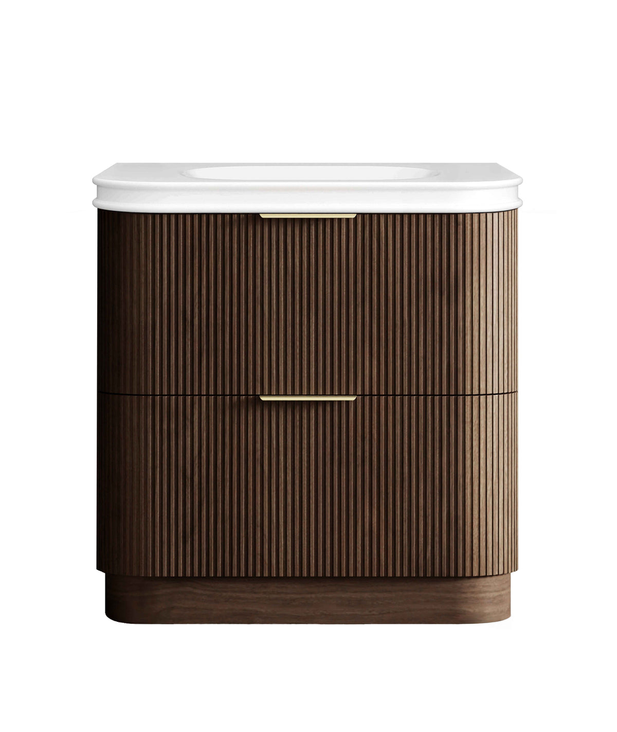 Havana Fluted 900mm Sable Walnut Floorstanding Curve Vanity, 50mm English Edge (Soft Square)