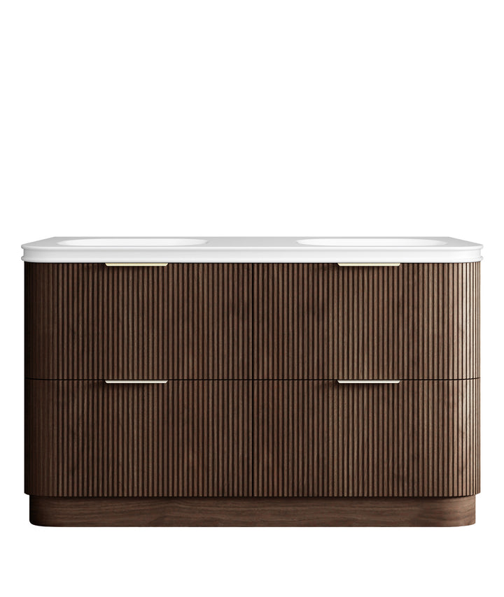 Havana Fluted 1500mm Sable Walnut Floorstanding Curve Vanity - 50mm English Edge (Soft Square)