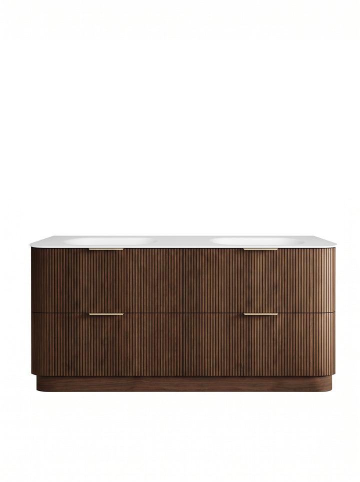 Havana Fluted 1800mm Sable Walnut Floorstanding Curve Vanity - 12mm Moulded Top (Chloe Silk)