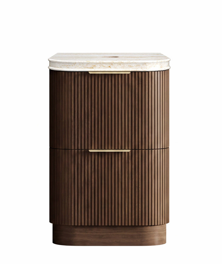 Havana Fluted 600mm Sable Walnut Floorstanding Curve Vanity, 50mm English Edge (Sand Dune)