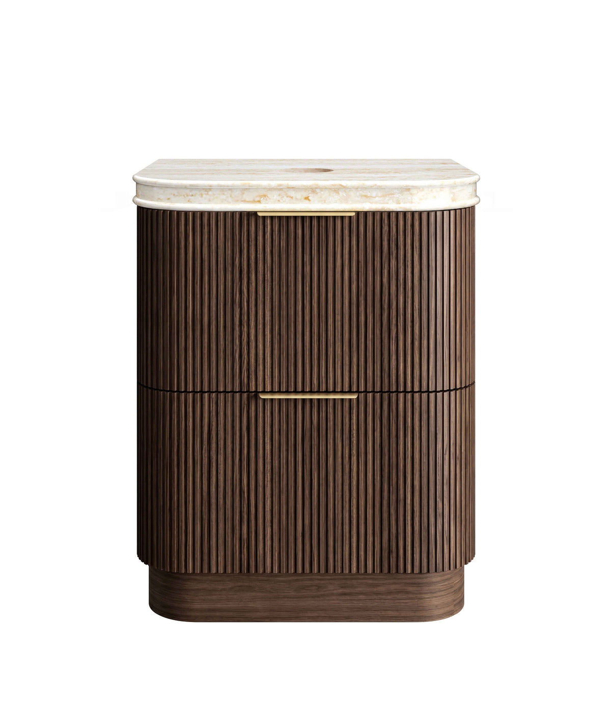 Havana Fluted 750mm Sable Walnut Floorstanding Curve Vanity, 50mm English Edge (Sand Dune)