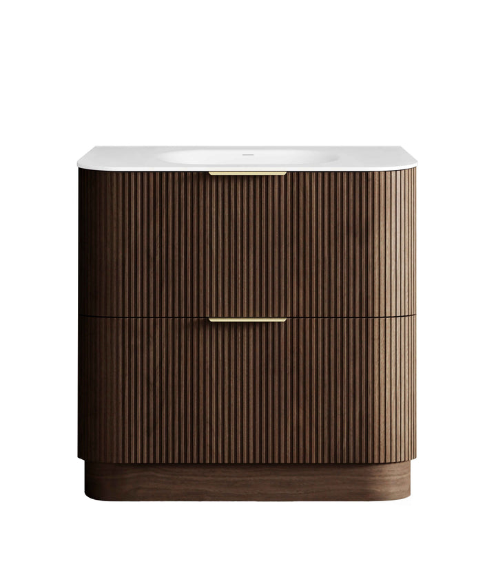 Havana Fluted 900mm Sable Walnut Floorstanding Curve Vanity, 12mm Moulded Top (Chloe Silk)