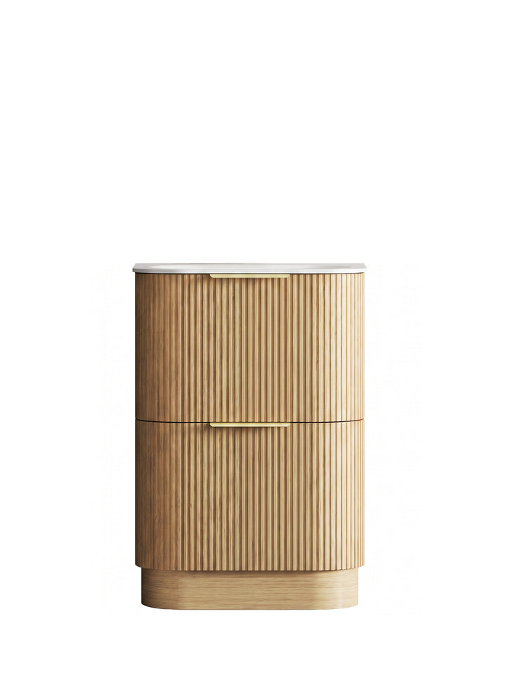 Havana Fluted 600mm Woodland Oak Floorstanding Curve Vanity - 12mm Moulded Top (Chloe Silk)