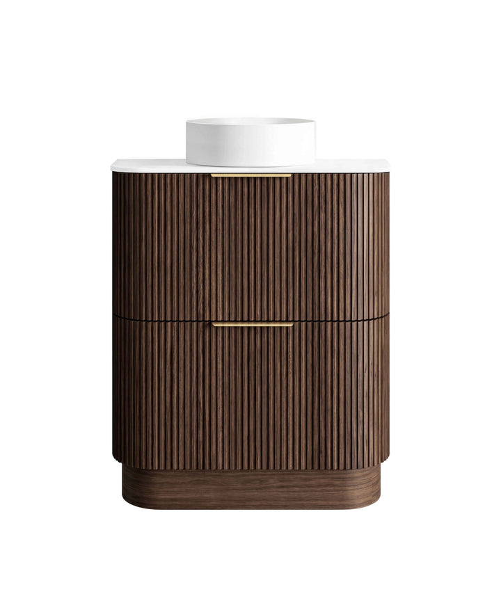 Havana Fluted 750mm Sable Walnut Floorstanding Curve Vanity, Ultra Delux Stone Top (Silica Free Pure White)