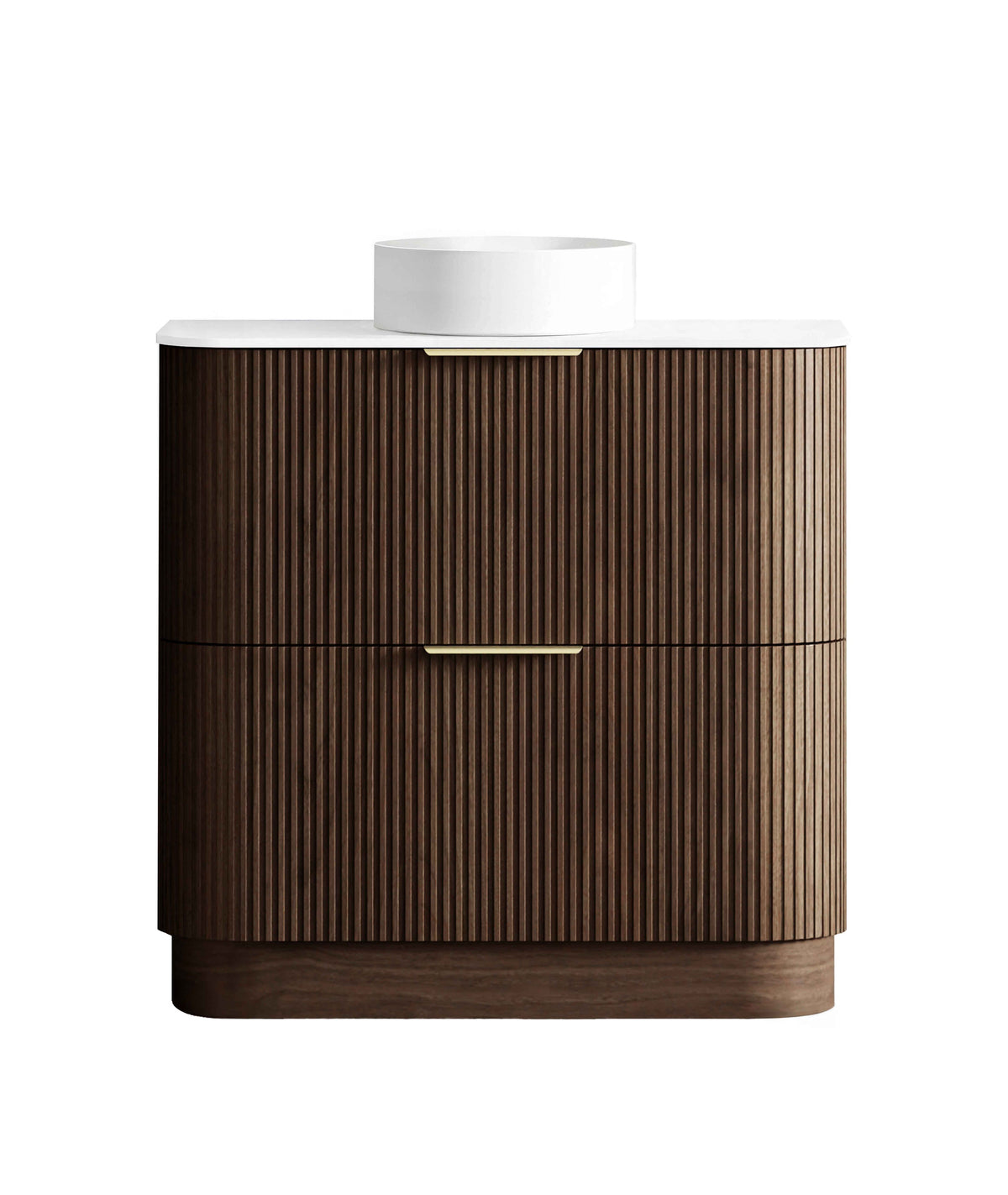 Havana Fluted 900mm Sable Walnut Floorstanding Curve Vanity, Ultra Delux Stone Top (Silica Free Pure White)