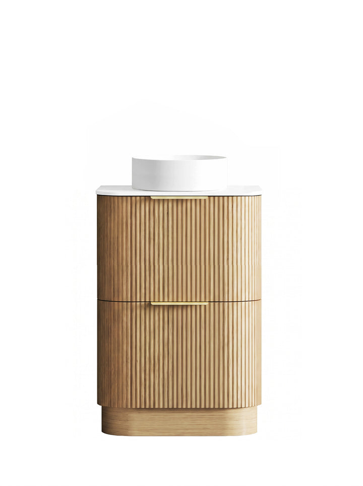 Havana Fluted 600mm Woodland Oak Floorstanding Curve Vanity - Ultra Delux Stone Top (Silica Free Pure White)