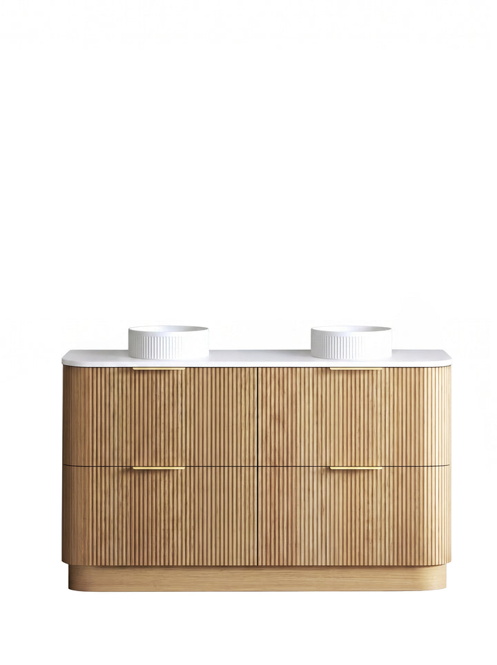 Havana Fluted 1500mm Woodland Oak Floorstanding Curve Vanity - Ultra Delux Stone Top (Silica Free Pure White)