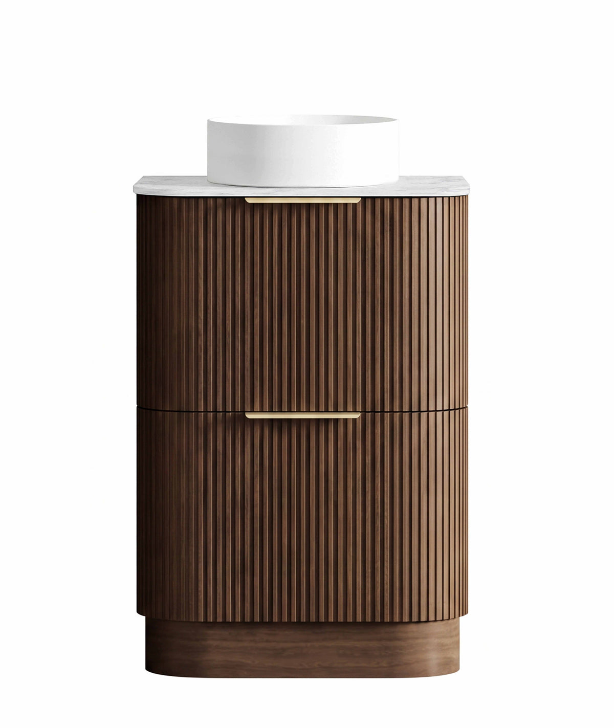 Havana Fluted 600mm Sable Walnut Floorstanding Curve Vanity, Ultra Delux Stone Top (Silica Free Cloudy Carrara)