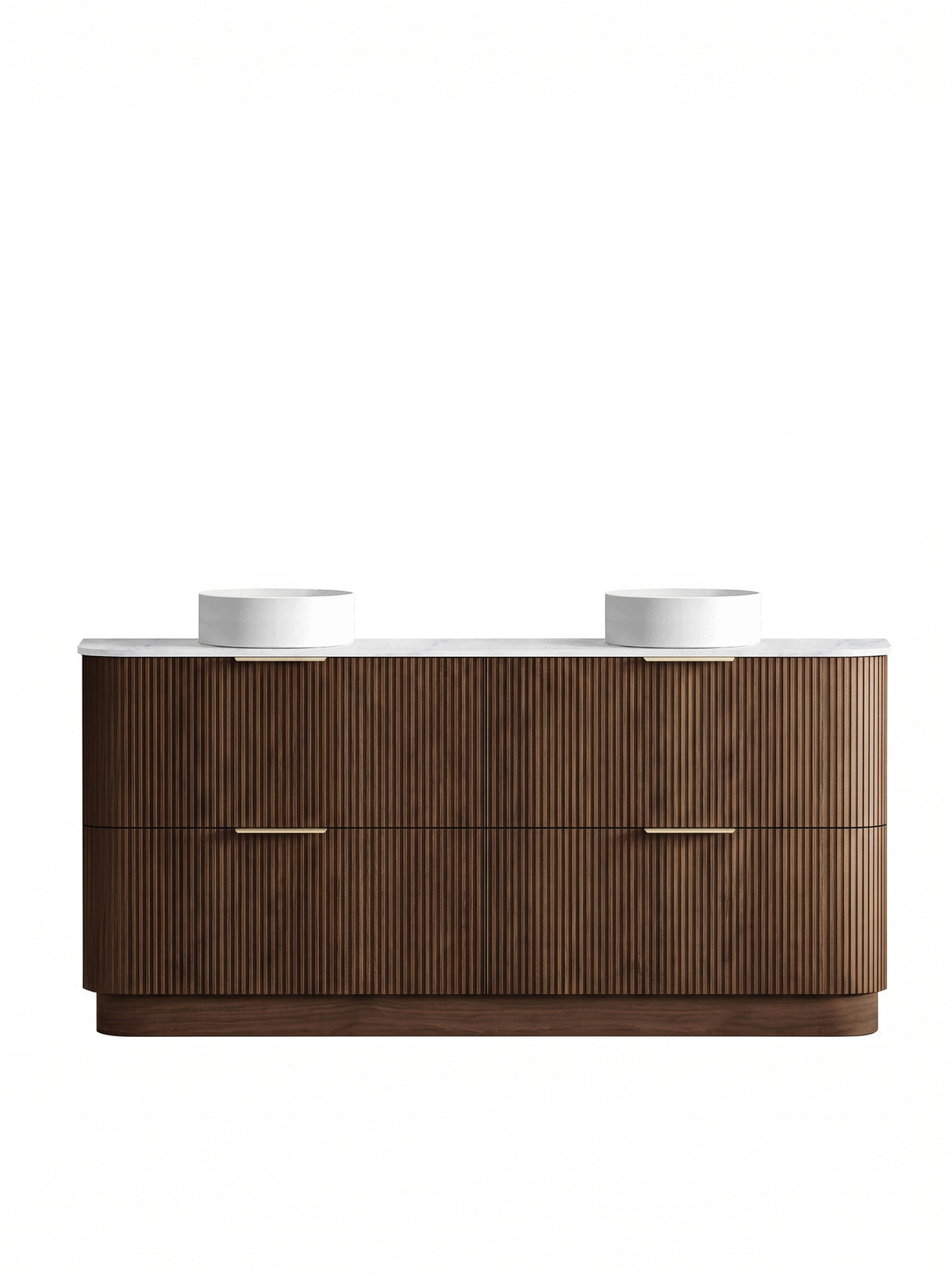 Havana Fluted 1800mm Sable Walnut Floorstanding Curve Vanity - Ultra Delux Stone Top (Silica Free Cloudy Carrara)