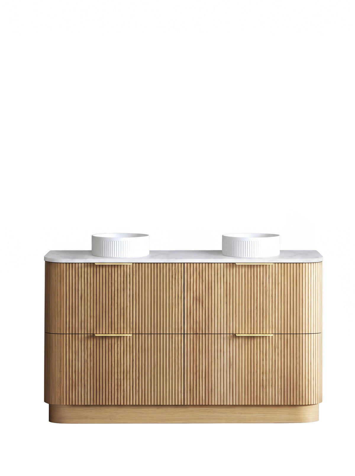 Havana Fluted 1500mm Woodland Oak Floorstanding Curve Vanity - Ultra Delux Stone Top (Silica Free Cloudy Carrara)