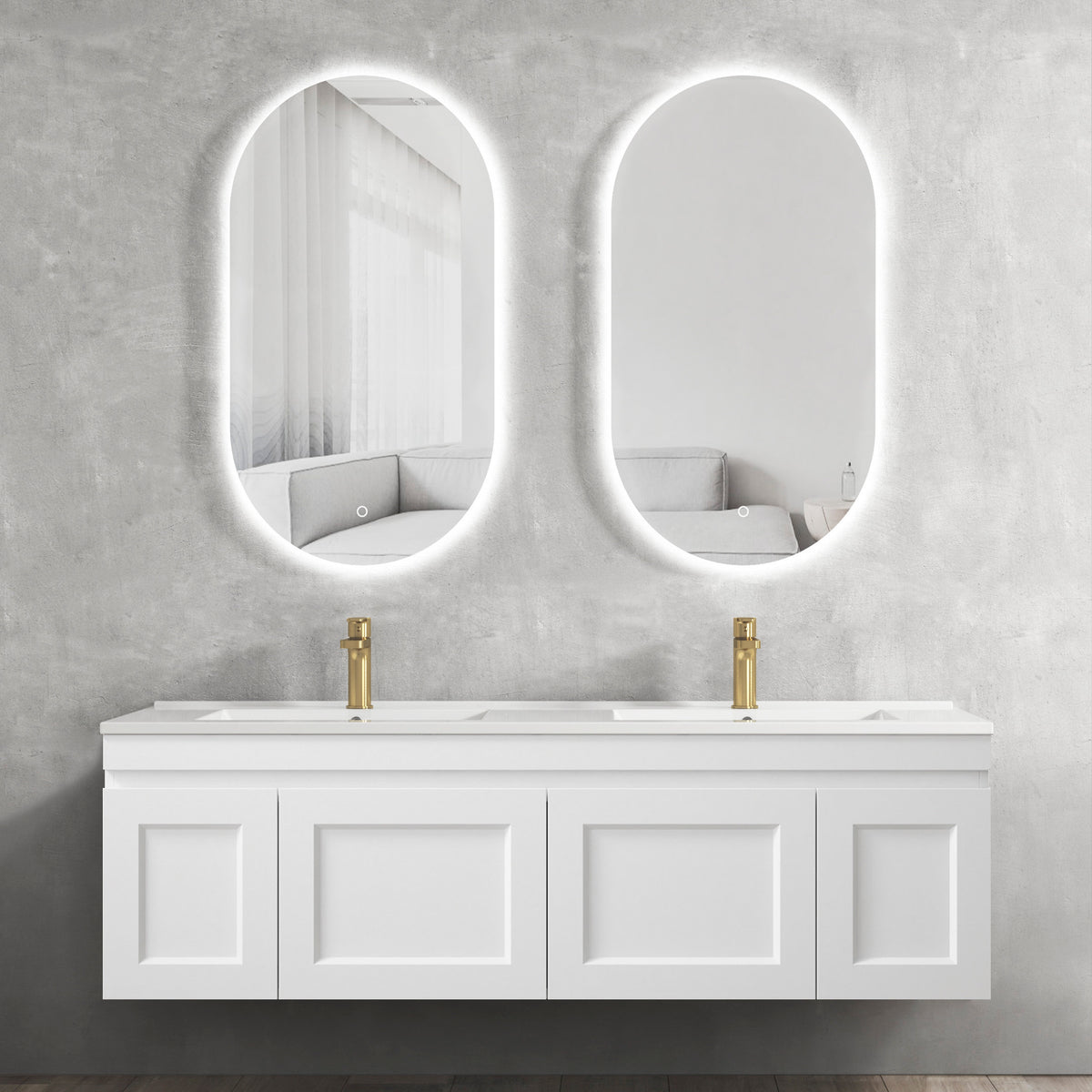 Hampton Mark II 1500mm Satin White Wall Hung Vanity - Slimline Ceramic Top (Gloss white)