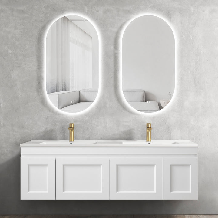 Hampton Mark II 1500mm Satin White Wall Hung Vanity - Slimline Ceramic Top (Gloss white)