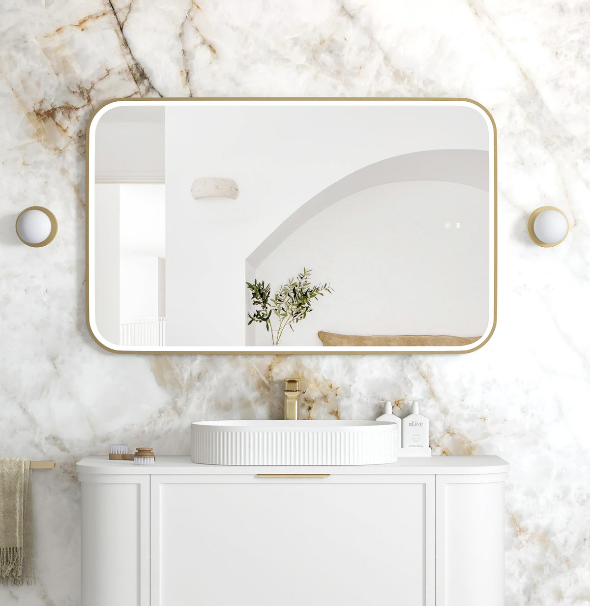 LED Newport 1200(W)x750(H) Gold Metal Frame Tuffi Mirror, Install Horizontal or Vertical main view