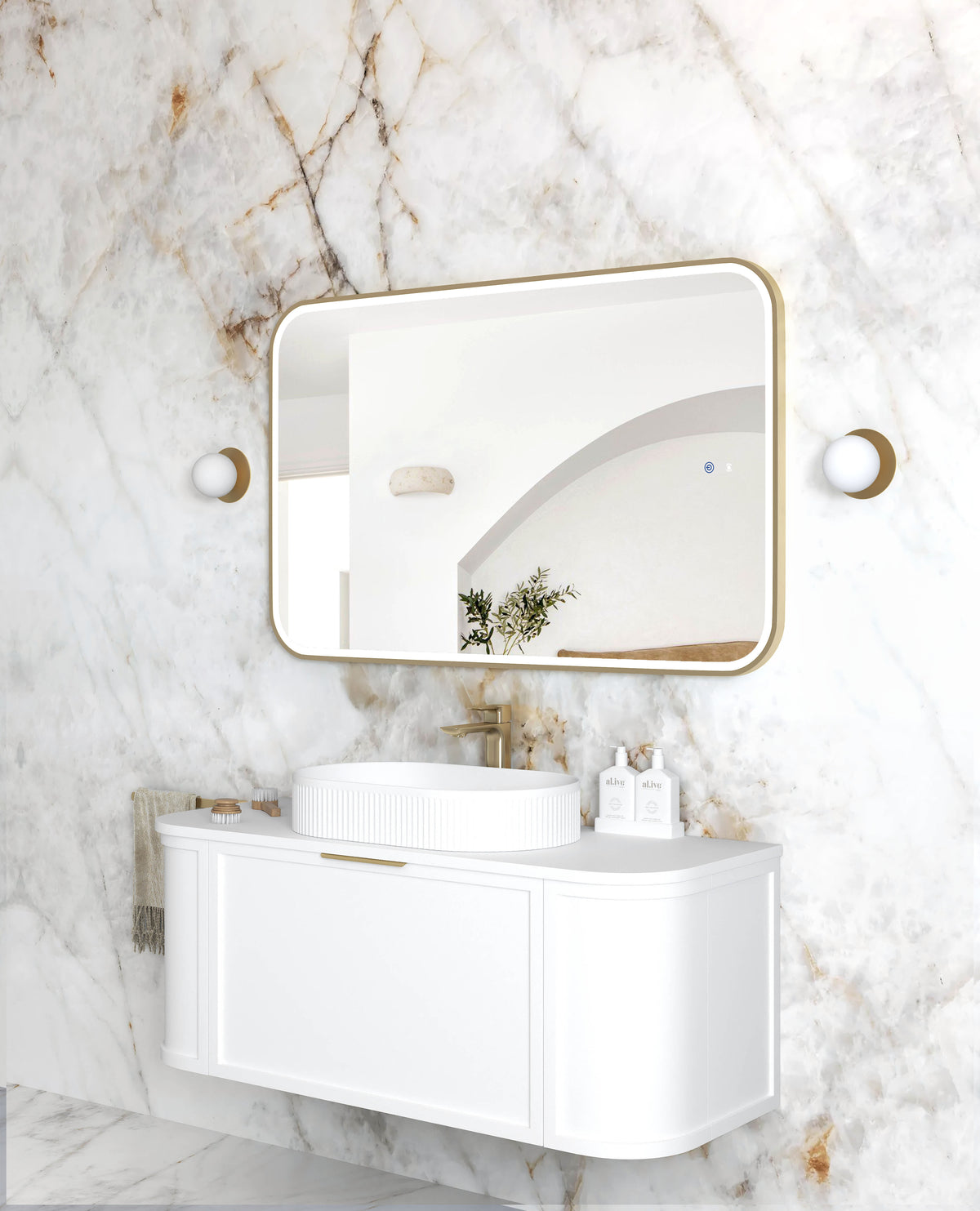 LED Newport 1200(W)x750(H) Gold Metal Frame Tuffi Mirror, Install Horizontal or Vertical view 2