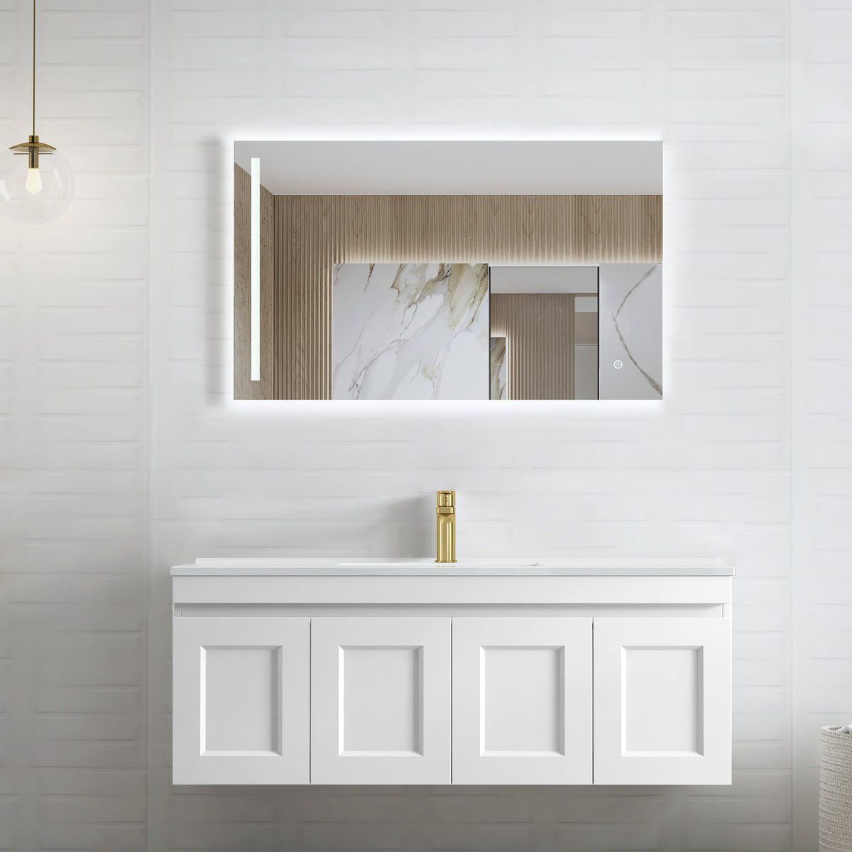 Hampton Mark II 1200mm Satin White Wall Hung Vanity - Slimline Ceramic Top (Gloss white)