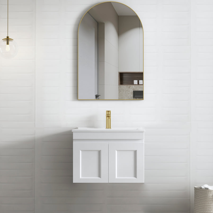 Hampton Mark II 600mm Satin White Wall Hung Vanity - Slimline Ceramic Top (Gloss white)