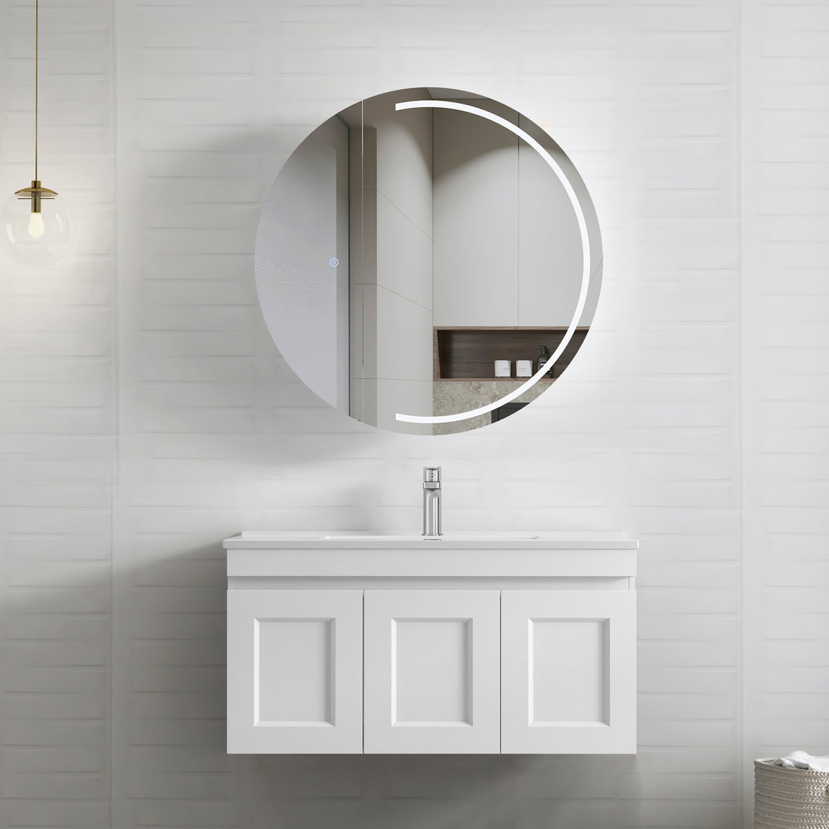 Hampton Mark II 900mm Satin White Wall Hung Vanity - Slimline Ceramic Top (Gloss white)