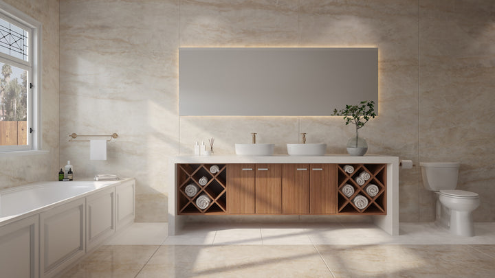 Dekton Zenith in a bathroom with Dekton Arga