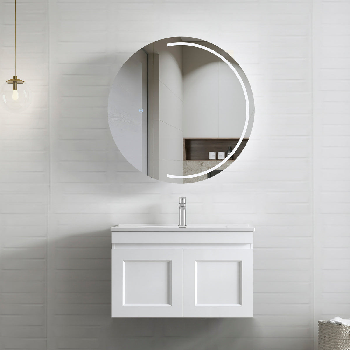 Hampton Mark II 750mm Satin White Wall Hung Vanity - Slimline Ceramic Top (Gloss white)