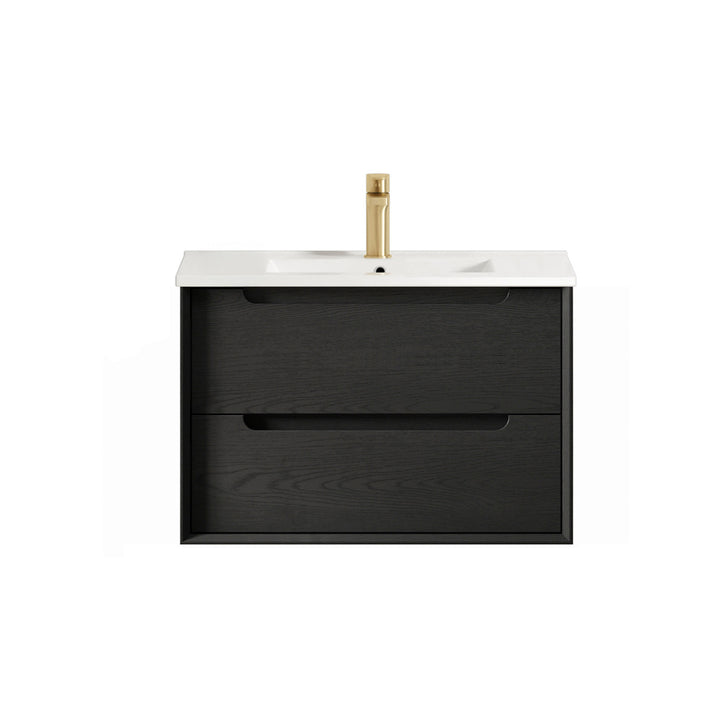 Byron 750mm Black Oak Wall Hung Vanity - Slimline Ceramic Top (Gloss white)