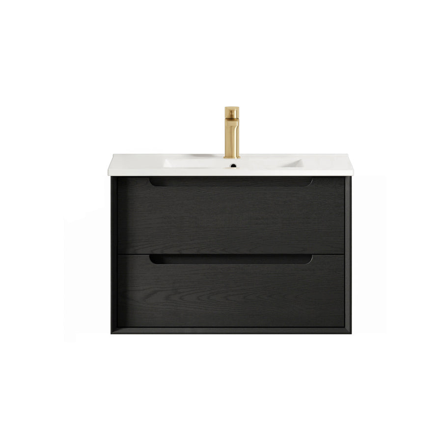 Byron 750mm Black Oak Wall Hung Vanity - Slimline Ceramic Top (Gloss white)