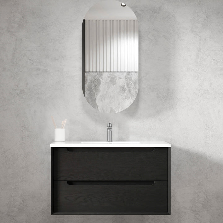 Byron 900mm Black Oak Wall Hung Vanity - Slimline Ceramic Top (Gloss white)