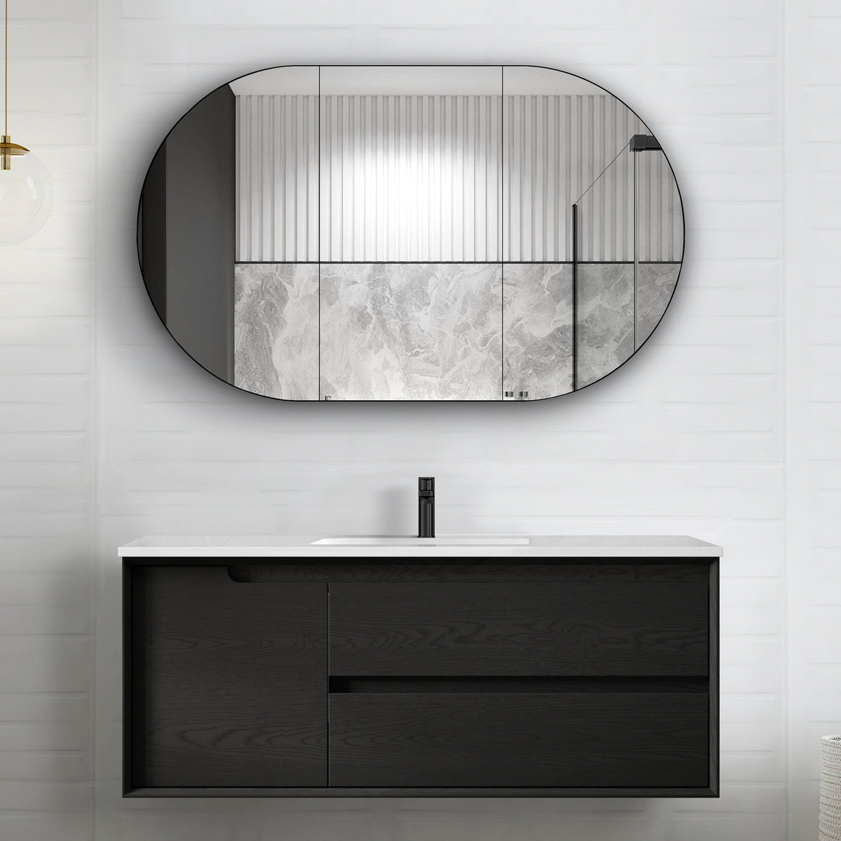 Byron 1200mm Black Oak Wall Hung Vanity - Slimline Ceramic Top (Gloss white)