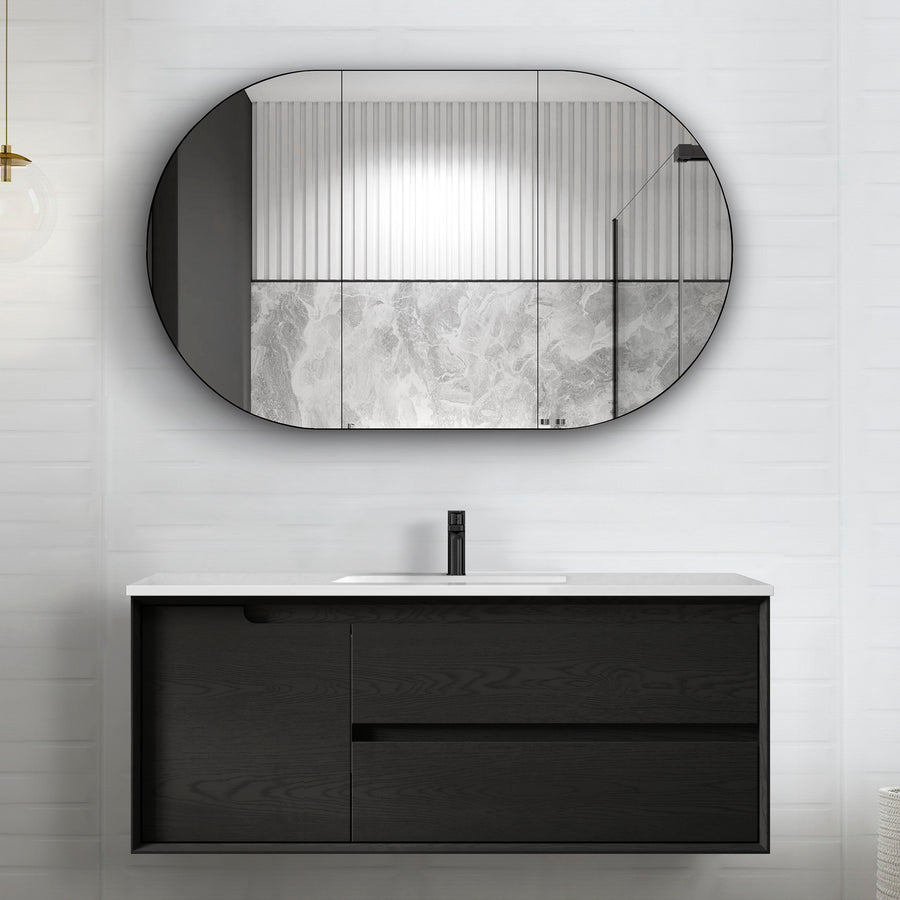 Byron 1200mm Black Oak Wall Hung Vanity - Slimline Ceramic Top (Gloss white)