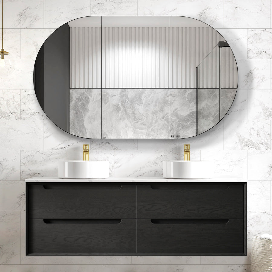 Byron 1500mm Black Oak Wall Hung Vanity - Slimline Ceramic Top (Gloss white)