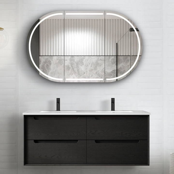 Byron 1200mm Black Oak Wall Hung Vanity Double Bowl - Slimline Ceramic Top (Gloss white)
