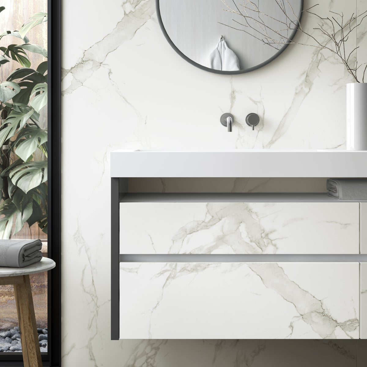 Dekton Aura on a bathroom vanity and wall