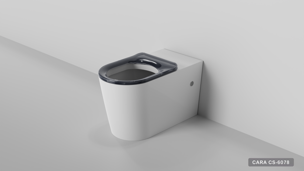 Cara Care Rimless Wall Faced Toilet Suite with Pneumatic Plate, Gloss White with Grey Seat