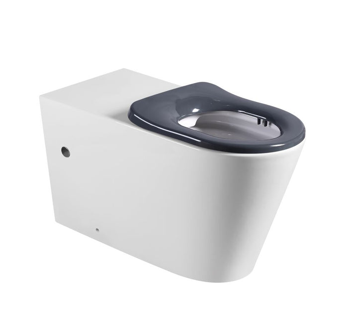 Cara Care Rimless Wall Faced Toilet Suite with Pneumatic Plate, Gloss White with Grey Seat