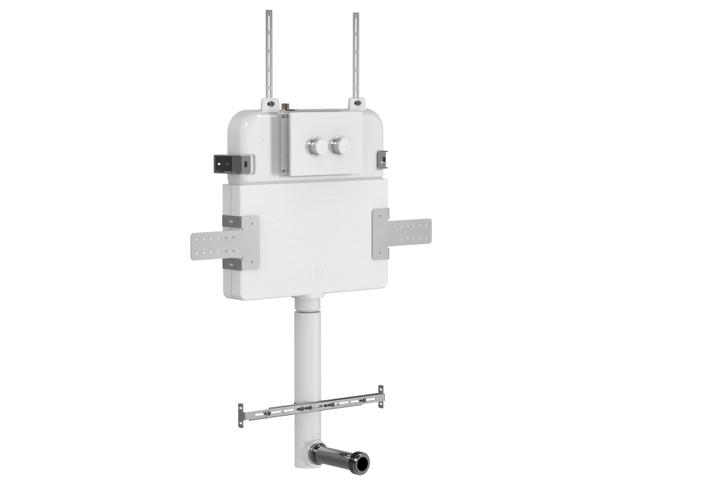Cara Care Rimless Wall Faced Toilet Suite with Pneumatic Plate, Gloss White with Grey Seat