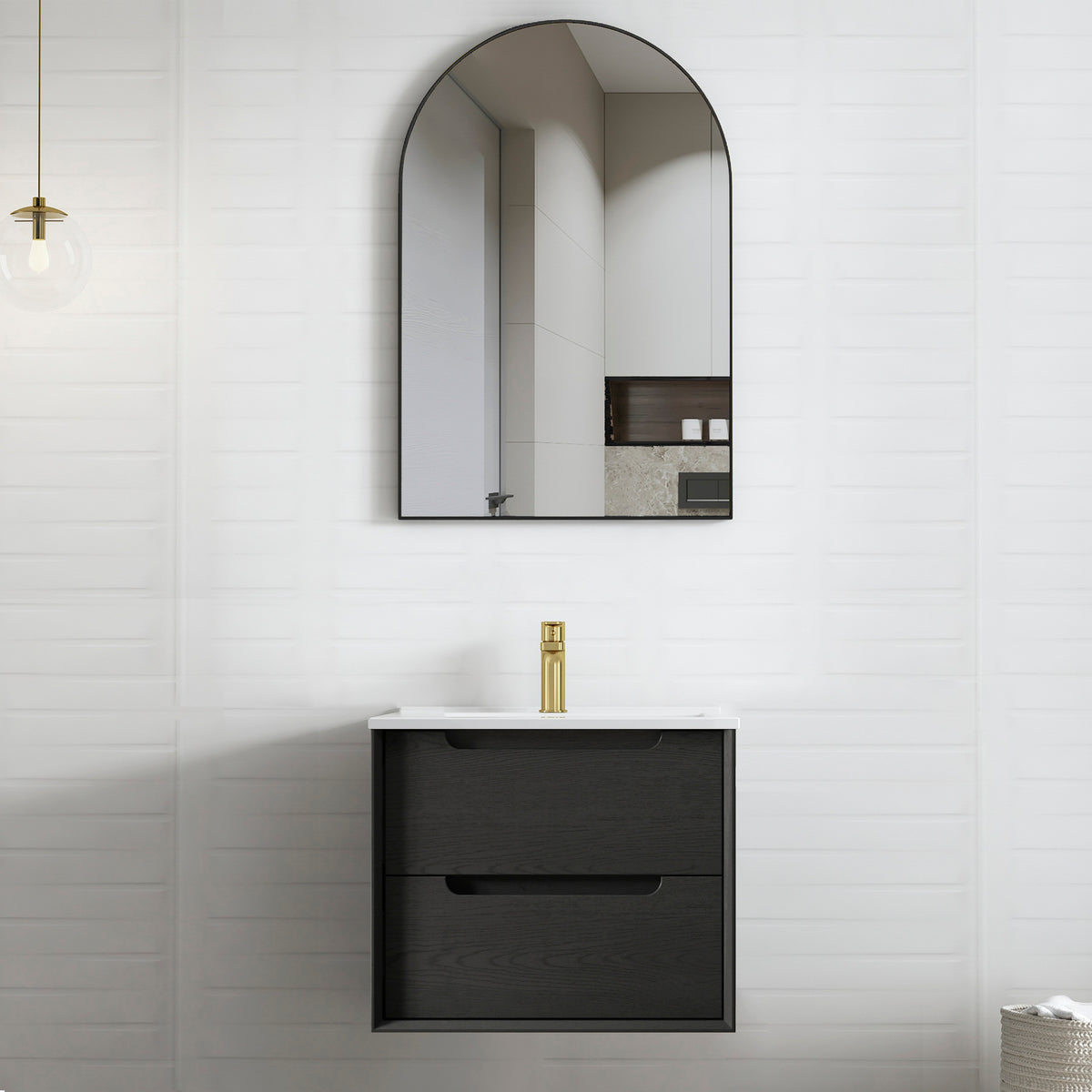 Byron 600mm Black Oak Wall Hung Vanity - Slimline Ceramic Top (Gloss white)