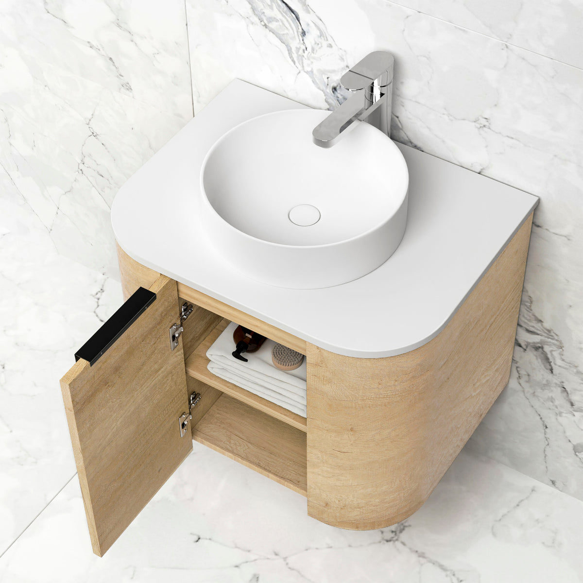 Bondi 600mm Natural Oak Wall Hung Curve Vanity (12TH &amp; NTH Only)