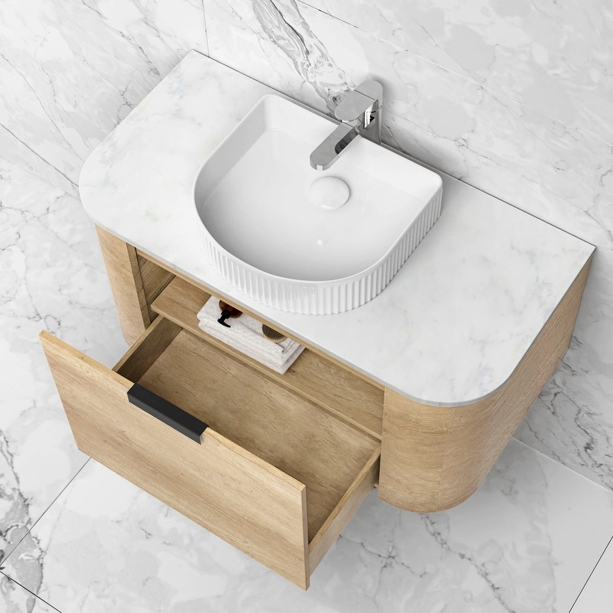 Bondi 750mm Natural Oak Wall Hung Curve Vanity (12TH &amp; NTH Only)